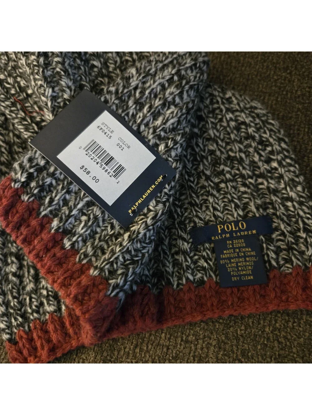 NWT Polo Ralph Lauren Marled Scarf Merino Wool Blend Grey Black Red 6F0415